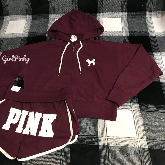 VS PINK IVY TERRY SHORTS OUTFIT & FULL ZIP BURGUNDY WITH LOGO ON THE BUTT XS-XXL - Picture 2 of 8